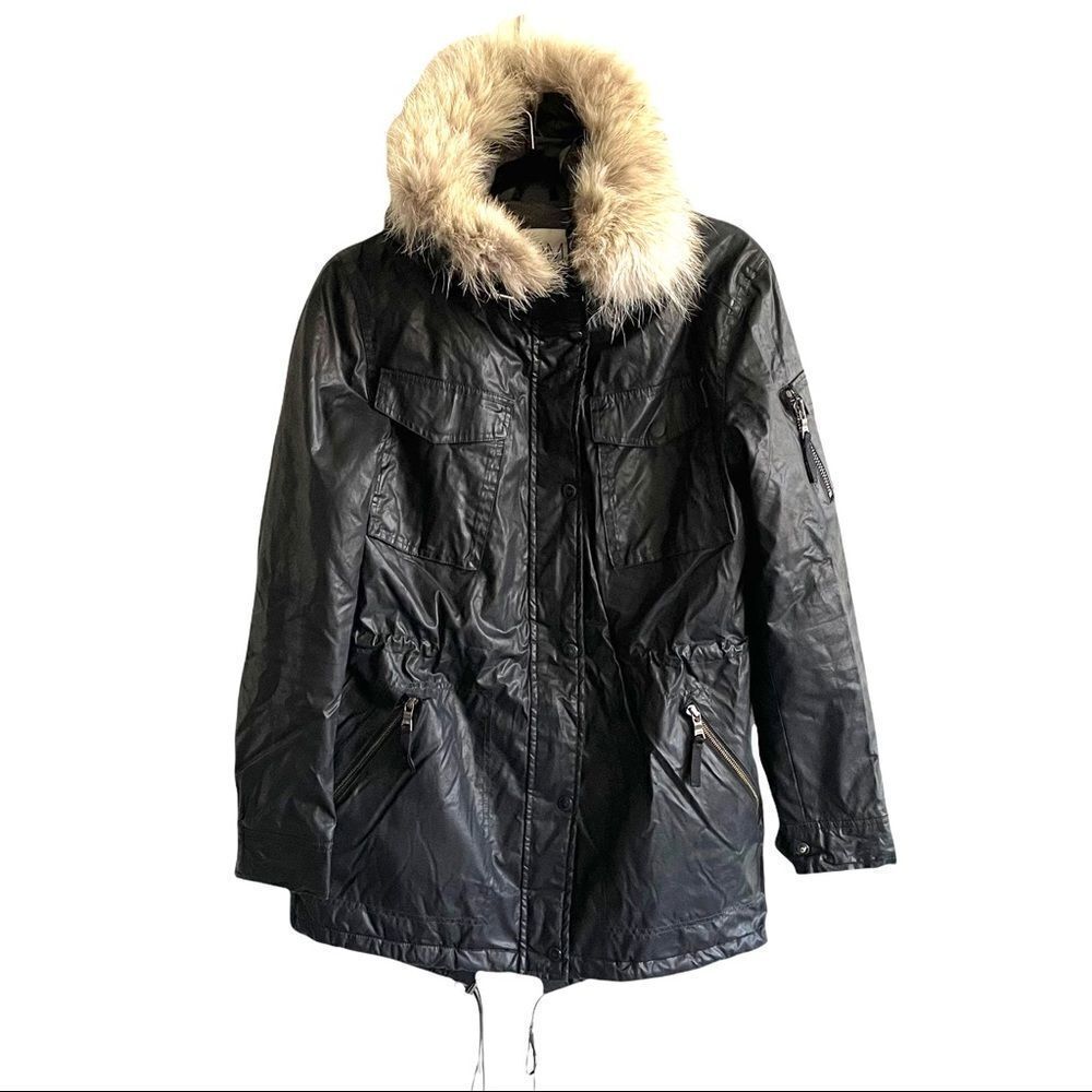 SAM NYC Black Faux Leather Winter Coat Fur Trimmed Hood Size S